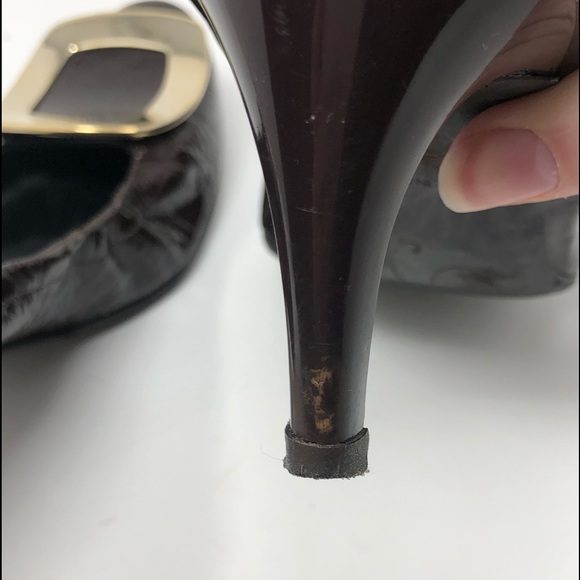 Roger Vivier Dark Brown Patent Leather Chips Elastic Heels / Pumps sz 37.5 - Picture 6 of 10